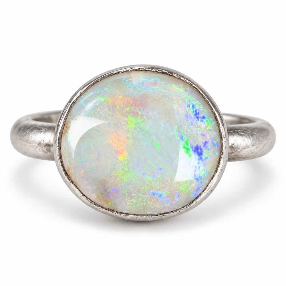 Natural White Opal Sterling Silver Ring – Size 9 – Handmade in Alaska
